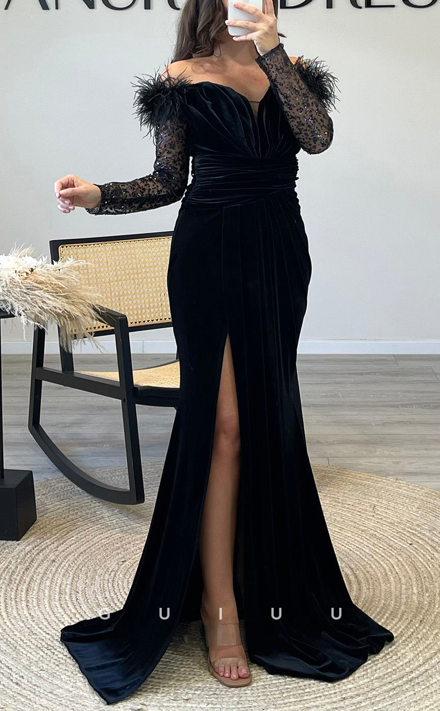 G3506 - Sexy & Hot Sheath Off Shoulder Long Sheer Sleeves High Side Slit Draped Sequins Floor-Length Ballgown Prom Dress