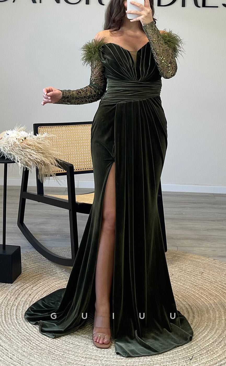 G3506 - Sexy & Hot Sheath Off Shoulder Long Sheer Sleeves High Side Slit Draped Sequins Floor-Length Ballgown Prom Dress