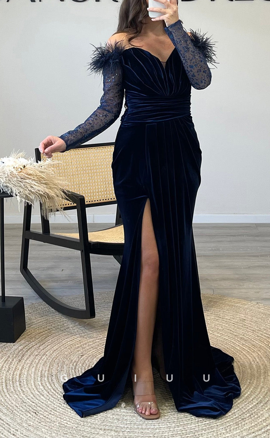 G3506 - Sexy & Hot Sheath Off Shoulder Long Sheer Sleeves High Side Slit Draped Sequins Floor-Length Ballgown Prom Dress