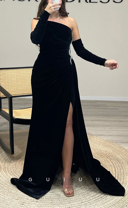 G3508 - Chic & Modern Sheath Asymmetrical Beaded Half Sleeves High Side Slit Floor-Length Party Gown Prom Dress