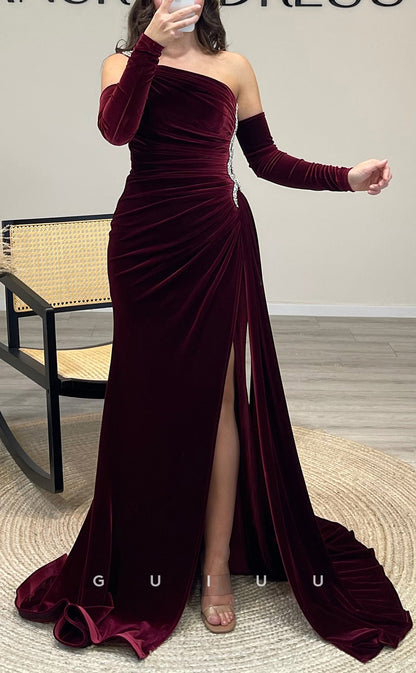 G3508 - Chic & Modern Sheath Asymmetrical Beaded Half Sleeves High Side Slit Floor-Length Party Gown Prom Dress