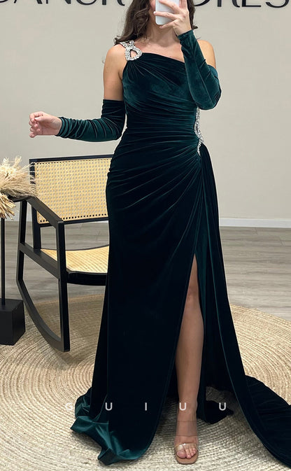 G3508 - Chic & Modern Sheath Asymmetrical Beaded Half Sleeves High Side Slit Floor-Length Party Gown Prom Dress