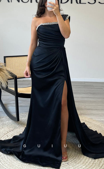 G3513 - Swxy & Hot Sheath One Shoulder Beaded Draped Side Slit Floor-Length Ballgown Prom Dress With Sweep Train