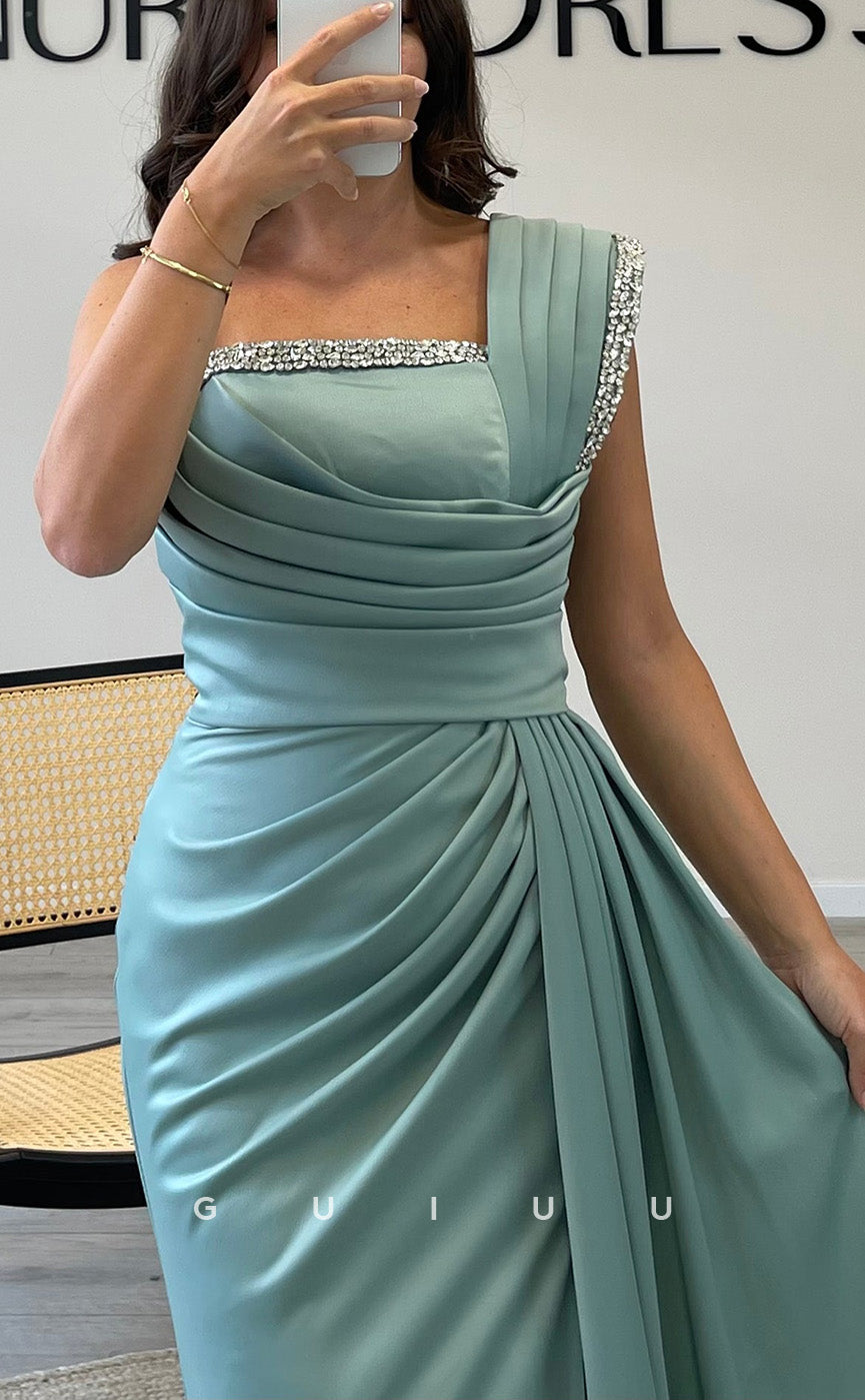 G3513 - Swxy & Hot Sheath One Shoulder Beaded Draped Side Slit Floor-Length Ballgown Prom Dress With Sweep Train