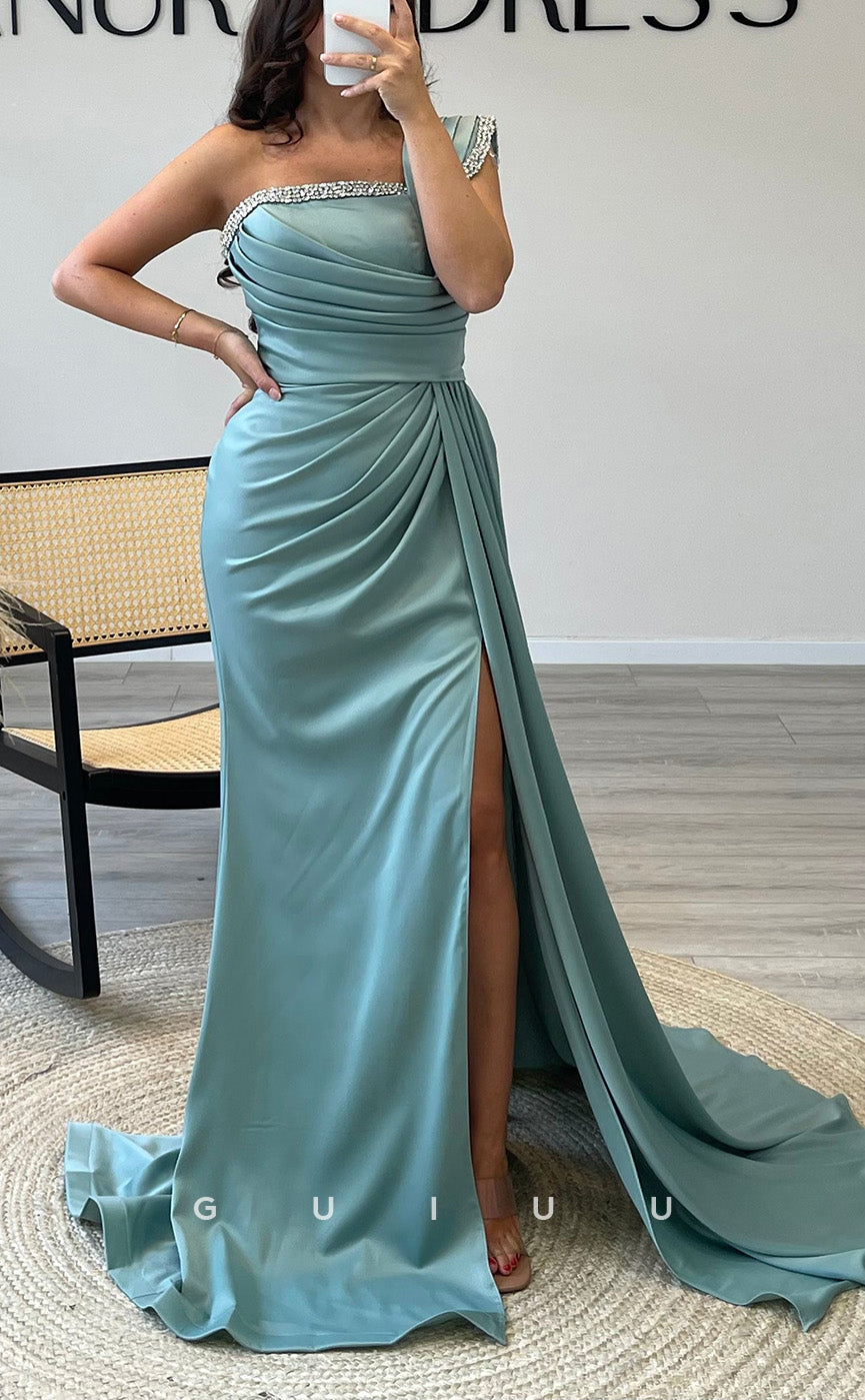 G3513 - Swxy & Hot Sheath One Shoulder Beaded Draped Side Slit Floor-Length Ballgown Prom Dress With Sweep Train