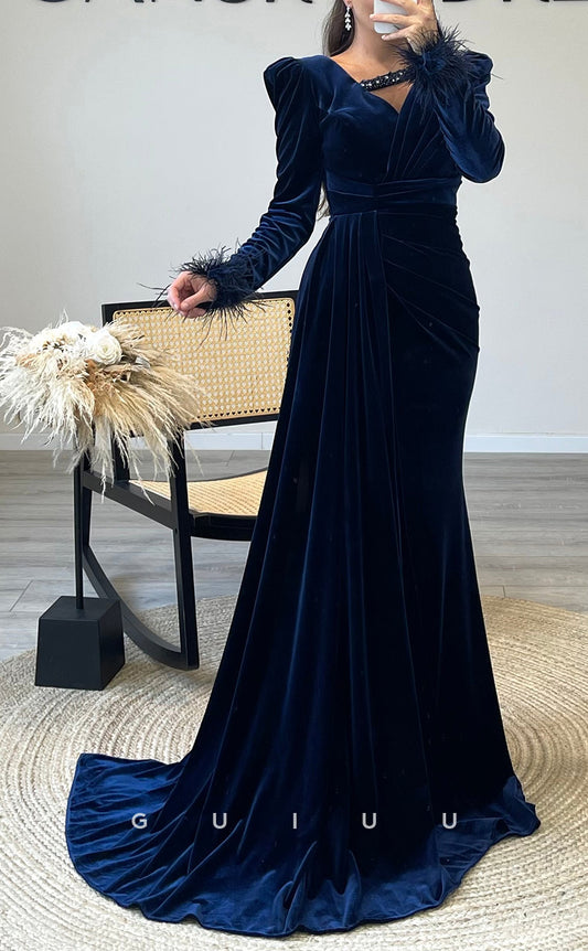 G3514 - Chic & Modern Sheath V-Neck Long Sleeves Feather High Side Slit Draped Floor-Length Party Ball Gown Prom Dress With Sweep Train