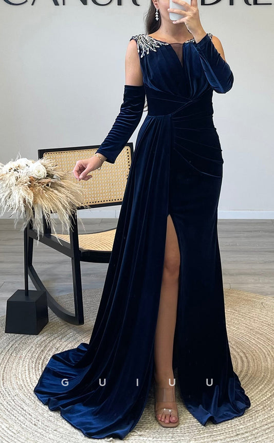 G3515 - Chic & Modern Sheath Bateau Draped Beaded Side Slit Half Sleeves Long Ballgown Prom Dress With Sweep Train