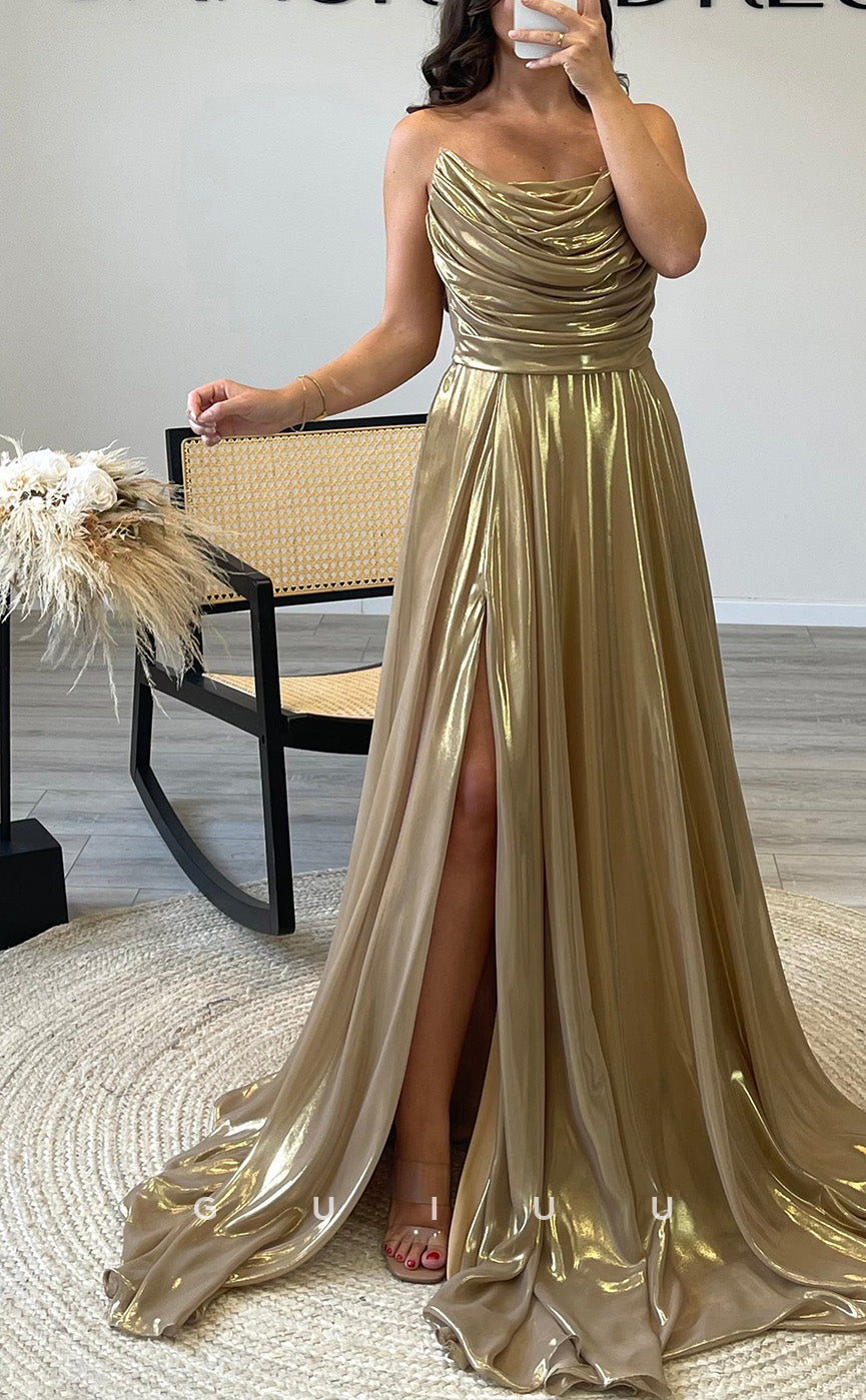 G3517 - Classic & Timeless A-Line Strapless Draped Pleated Long Party Gown Prom Dress