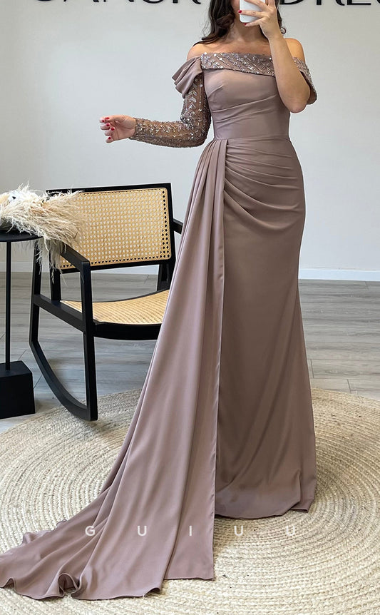 G3518 - Classic & Timeless Sheath Asymmetrical Off Shoulder Long Sleeves Sequined Side Slit Long Party Ballgown Prom Dress With Sweep Train