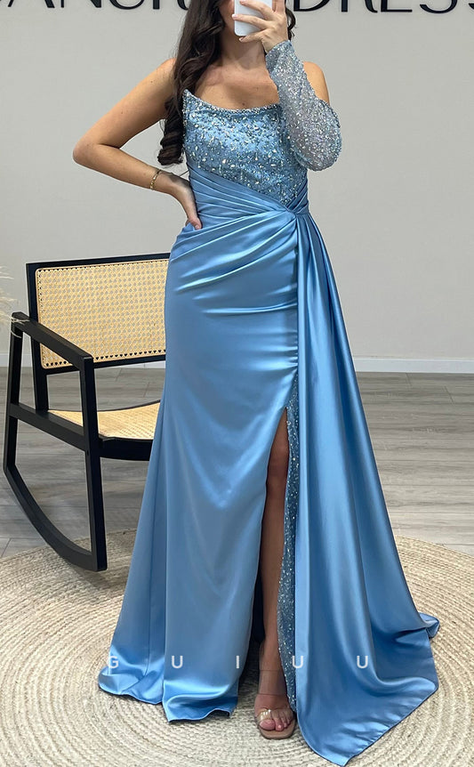 G3519 - Sexy & Hot Sheath Asymmetrical Long Sleeves Straps Side Slit Beaded & Sequined Draped Floor-Length Ballgown Prom Dress With Sweep Train