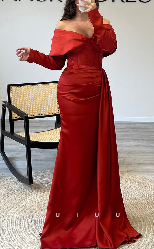 G3521 - Sexy & Hot Sheath Sweetheart Off Shoulder Long Sleeves Corset Draped Long Party Gown Prom Dress With Sweep Train