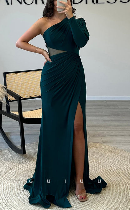 G3522 - Sexy & Hot Sheath One Shoulder Long Sleeves High Side Slit Draped Floor-Length Evening Party Gown Prom Dress