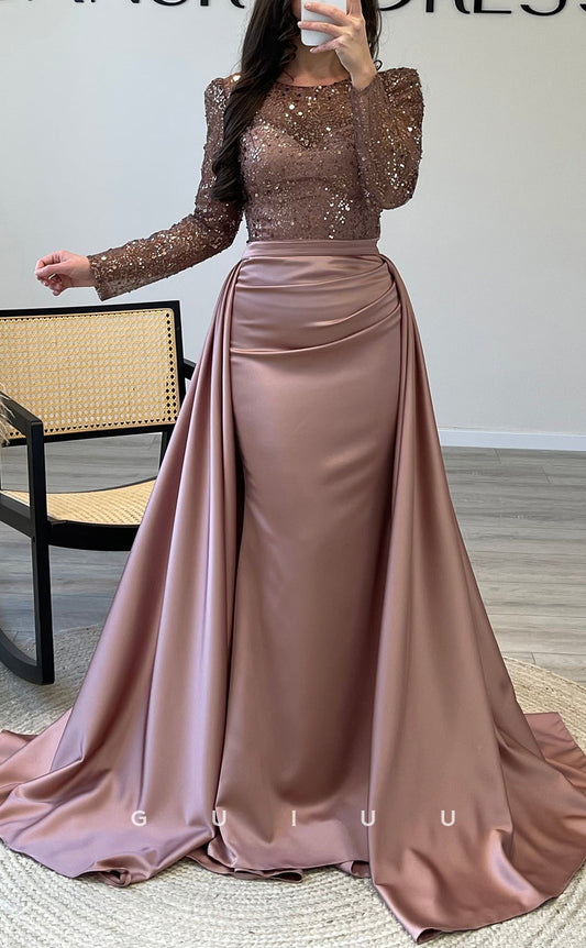 G3528 - Sexy & Hot Sheath Illusion Bateau Sweetheart Long Sleeves Sequined Floor-Length Party Gown Prom Dress With Overlay