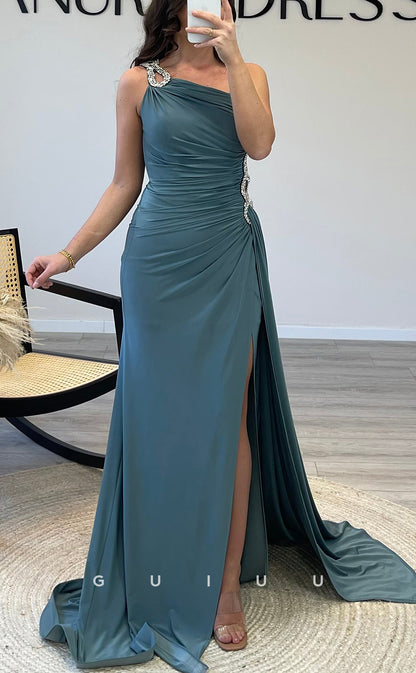 G3534 - Sexy & Hot Sheath One Shoulder Draped Beaded Side Slit Floor-Length Party Gown Prom Dress With Sweep Train