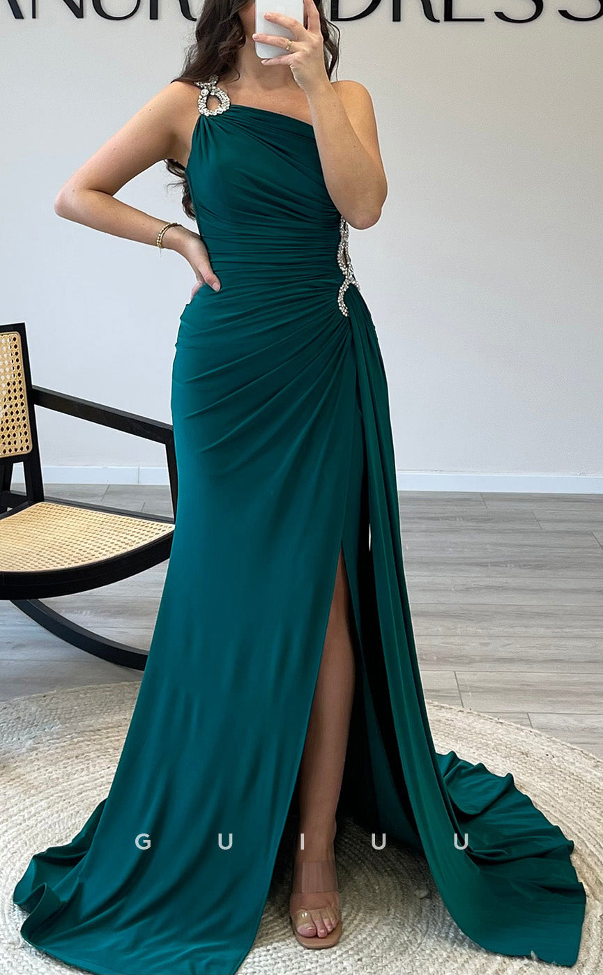 G3534 - Sexy & Hot Sheath One Shoulder Draped Beaded Side Slit Floor-Length Party Gown Prom Dress With Sweep Train