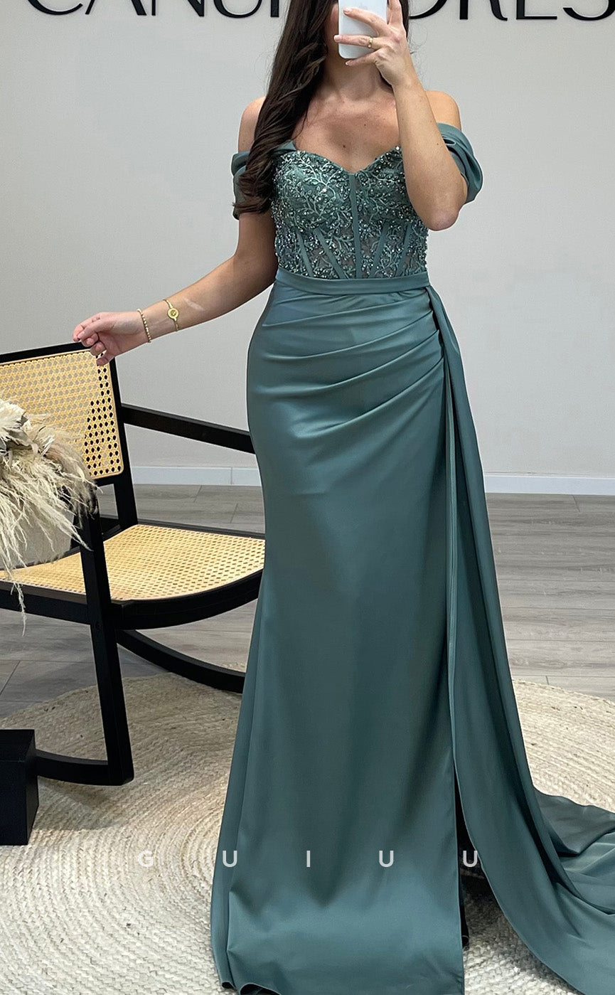 G3535 - Sexy & Hot Sheath Off Shoulder Beaded Floor-Length Party Gown Prom Dress With Overlay