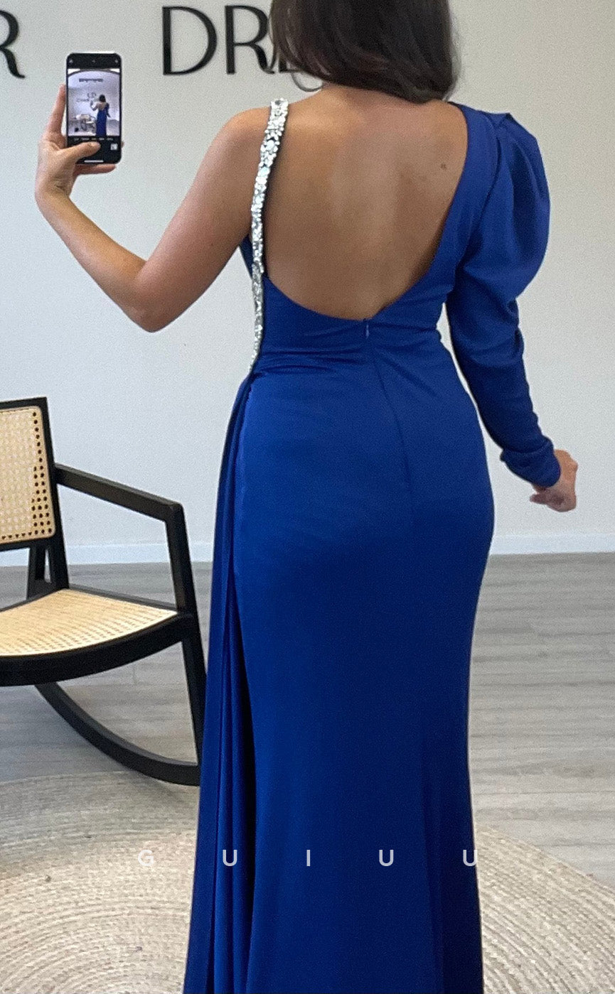 G3536 - Classic & Timeless Sheath Asymmetrical V-Neck Straps Long Sleeves Beaded Draped Cut Outs High Side Slit Long Party Gown Prom Dress