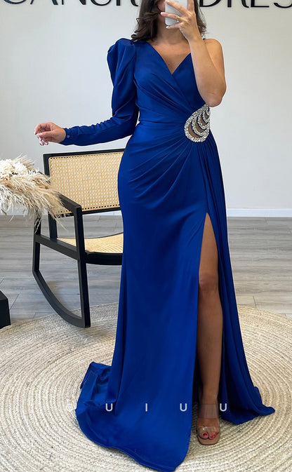 G3536 - Classic & Timeless Sheath Asymmetrical V-Neck Straps Long Sleeves Beaded Draped Cut Outs High Side Slit Long Party Gown Prom Dress