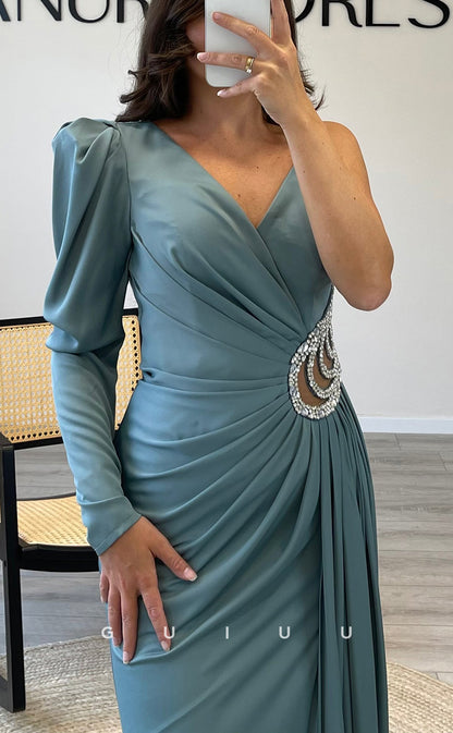 G3536 - Classic & Timeless Sheath Asymmetrical V-Neck Straps Long Sleeves Beaded Draped Cut Outs High Side Slit Long Party Gown Prom Dress