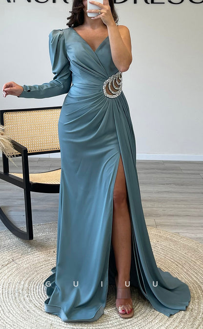 G3536 - Classic & Timeless Sheath Asymmetrical V-Neck Straps Long Sleeves Beaded Draped Cut Outs High Side Slit Long Party Gown Prom Dress