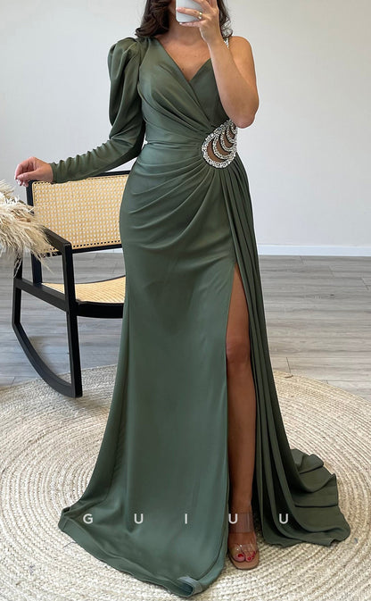 G3536 - Classic & Timeless Sheath Asymmetrical V-Neck Straps Long Sleeves Beaded Draped Cut Outs High Side Slit Long Party Gown Prom Dress