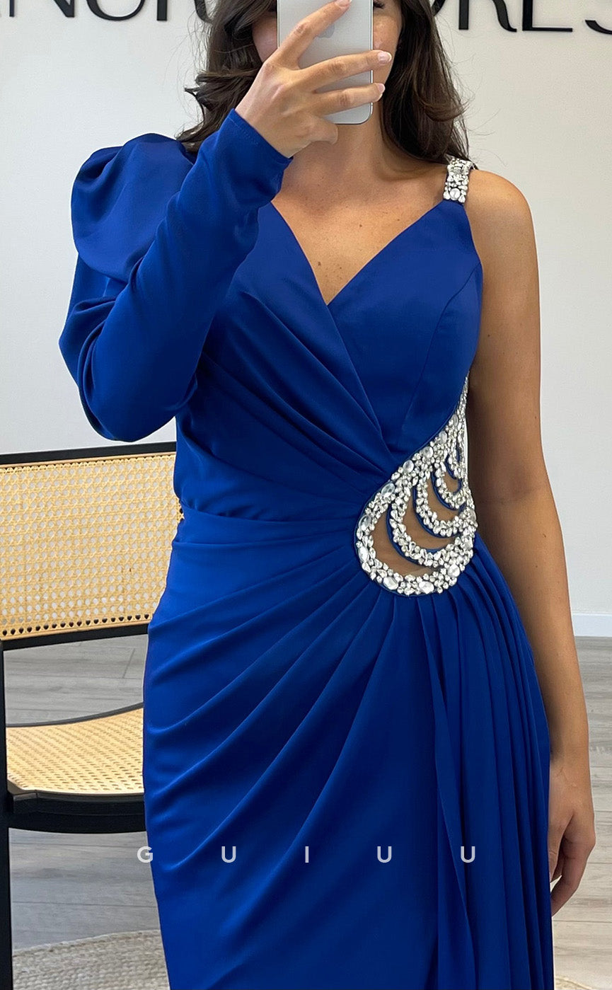 G3536 - Classic & Timeless Sheath Asymmetrical V-Neck Straps Long Sleeves Beaded Draped Cut Outs High Side Slit Long Party Gown Prom Dress