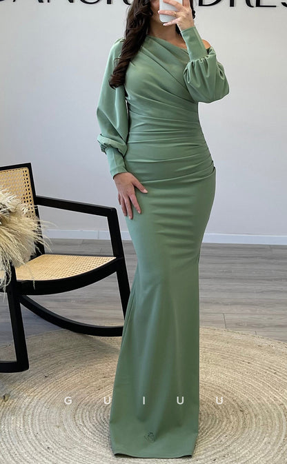 G3539 - Sexy & Hot Sheath One Shoulder Long Bishop Sleeves Draped Floor-Length Party Ballgown Prom Dress