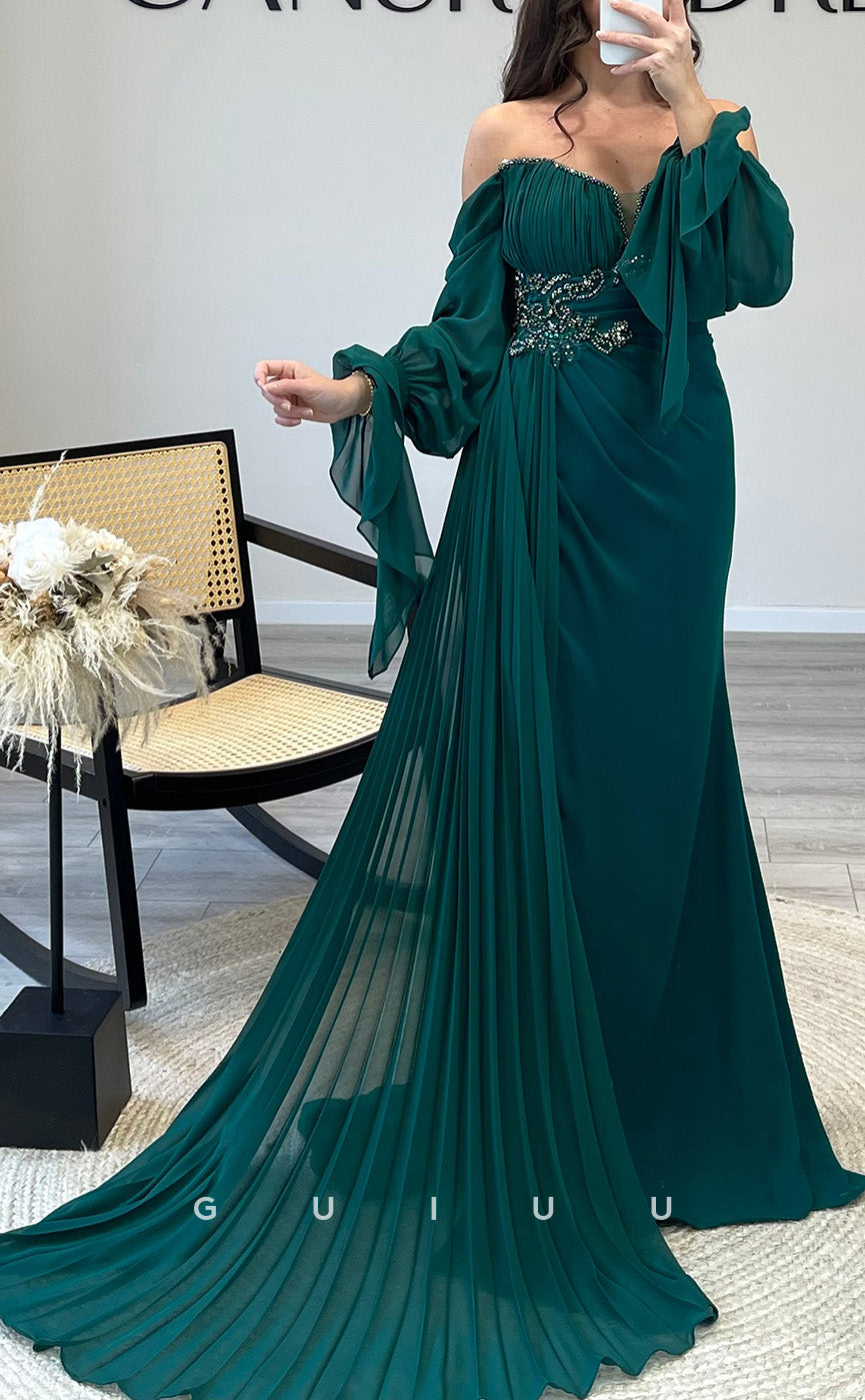 G3540 - Classic & Timeless Sheath Off Shoulder Long Sleeves Beaded Draped Party Gown Prom Dress With Overlay