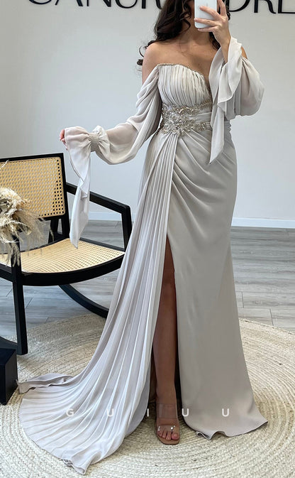 G3540 - Classic & Timeless Sheath Off Shoulder Long Sleeves Beaded Draped Party Gown Prom Dress With Overlay