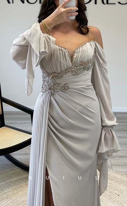 G3540 - Classic & Timeless Sheath Off Shoulder Long Sleeves Beaded Draped Party Gown Prom Dress With Overlay