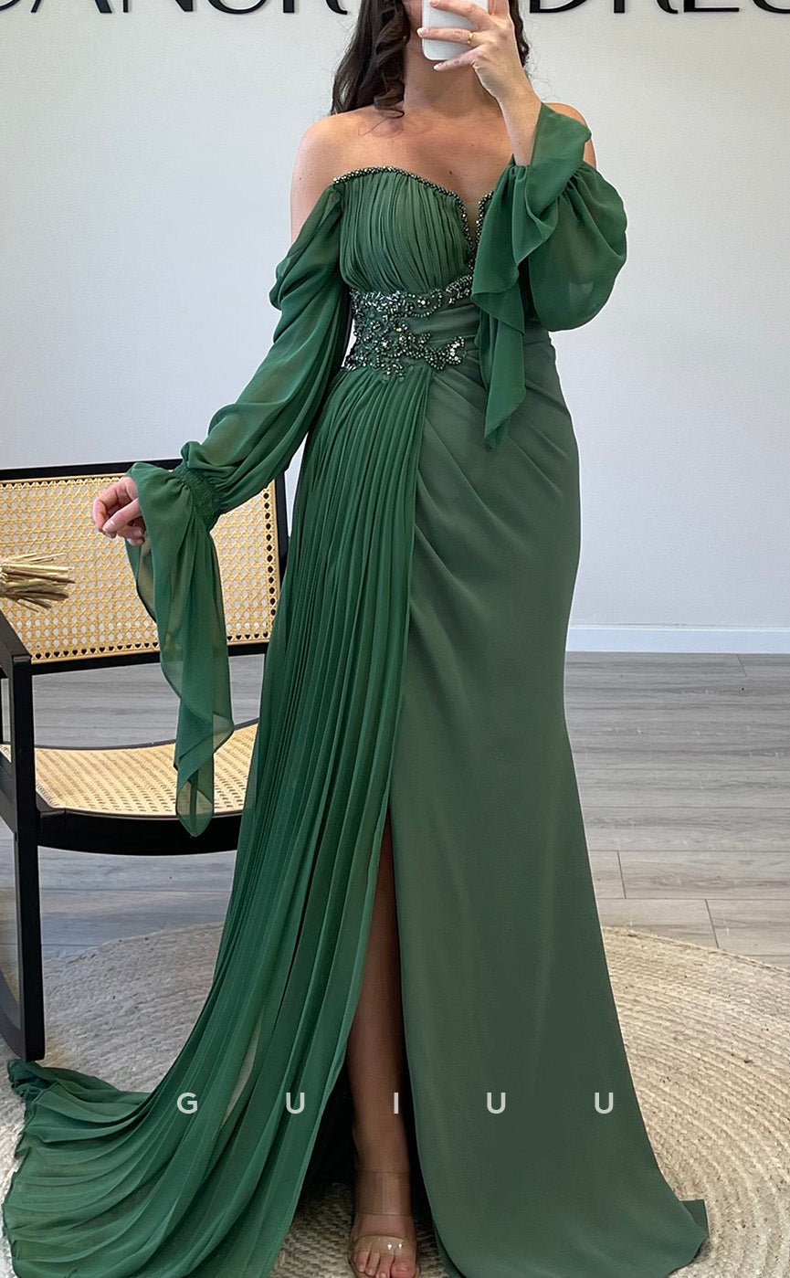 G3540 - Classic & Timeless Sheath Off Shoulder Long Sleeves Beaded Draped Party Gown Prom Dress With Overlay