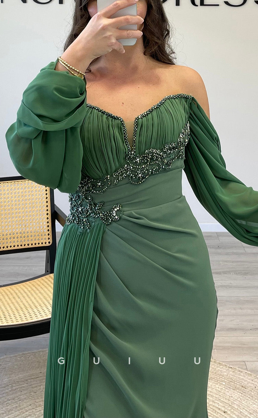 G3540 - Classic & Timeless Sheath Off Shoulder Long Sleeves Beaded Draped Party Gown Prom Dress With Overlay