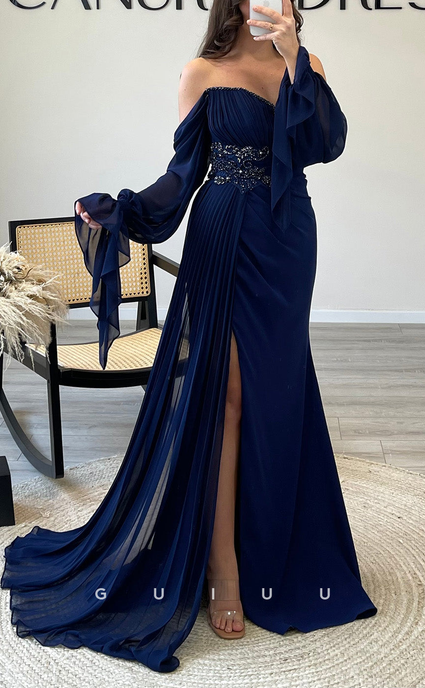 G3540 - Classic & Timeless Sheath Off Shoulder Long Sleeves Beaded Draped Party Gown Prom Dress With Overlay