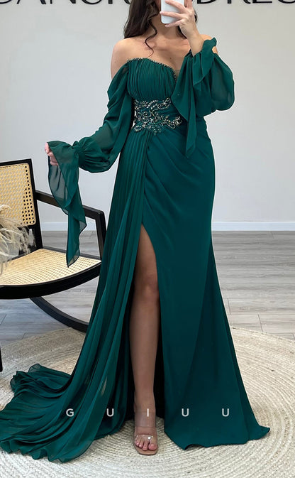 G3540 - Classic & Timeless Sheath Off Shoulder Long Sleeves Beaded Draped Party Gown Prom Dress With Overlay