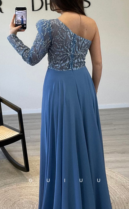 G3541 - Classic & Timeless A-Line One Shoulder Illusion Long Sleeves Pleated Floor-Length Ballgown Prom Dress