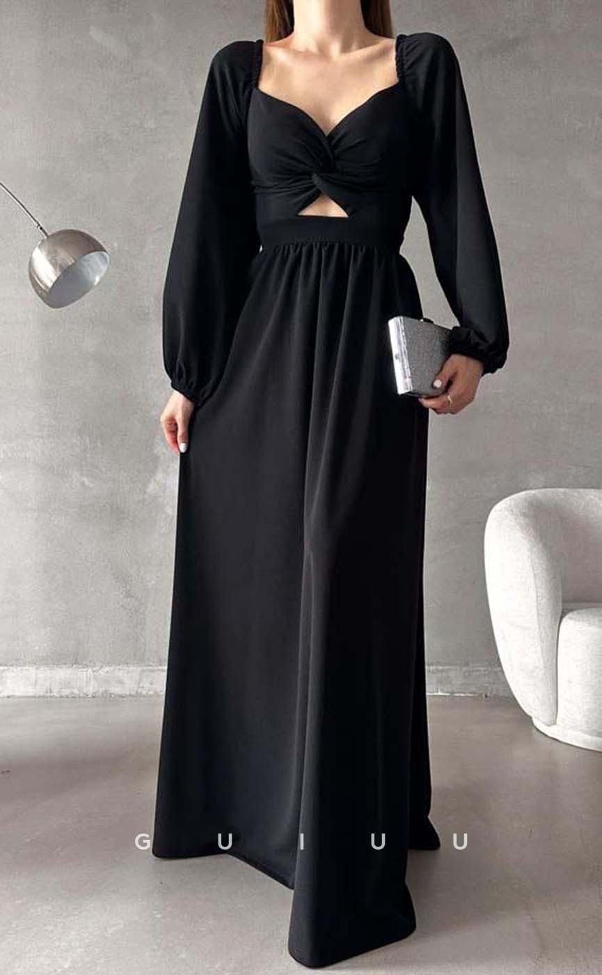 G3551 - Simple & Casual A-Line Sweetheart Long Bishop Sleeves Cut Outs Floor-Length Formal Dress