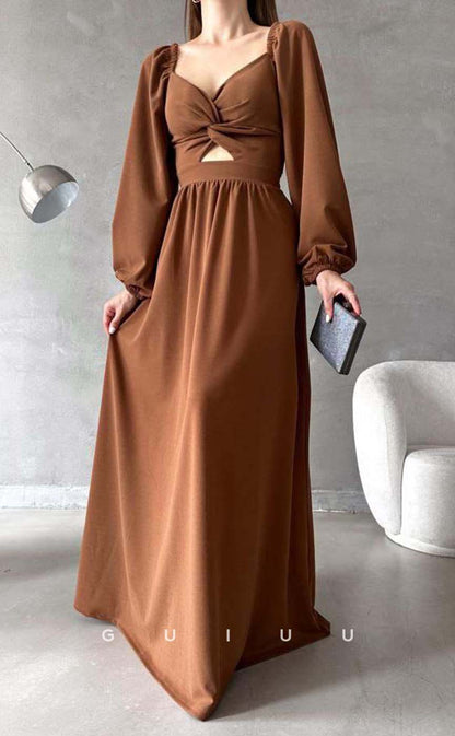 G3551 - Simple & Casual A-Line Sweetheart Long Bishop Sleeves Cut Outs Floor-Length Formal Dress