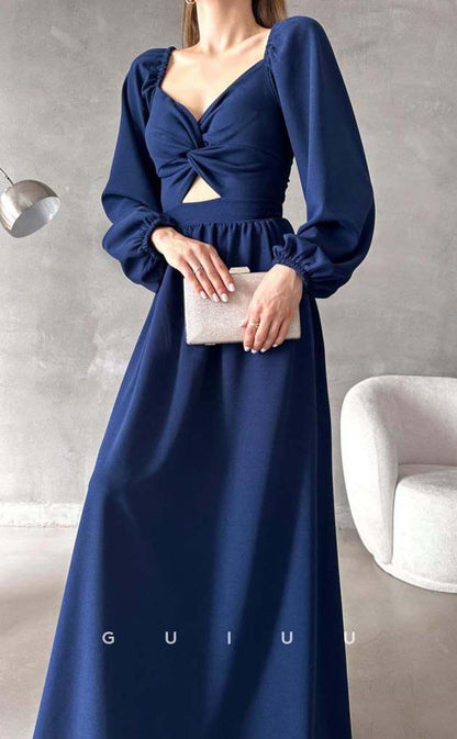 G3551 - Simple & Casual A-Line Sweetheart Long Bishop Sleeves Cut Outs Floor-Length Formal Dress