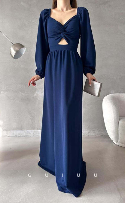 G3551 - Simple & Casual A-Line Sweetheart Long Bishop Sleeves Cut Outs Floor-Length Formal Dress