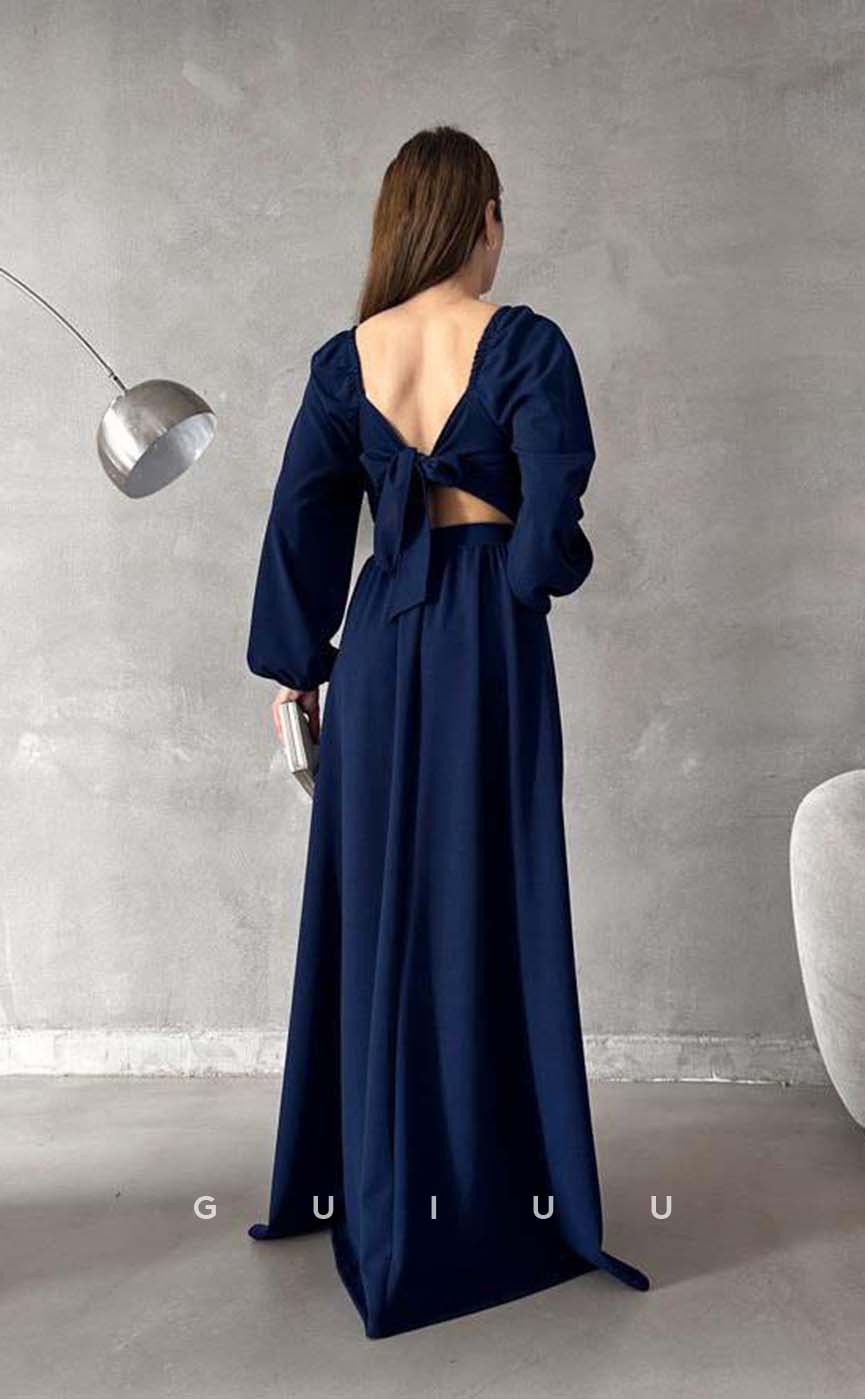 G3551 - Simple & Casual A-Line Sweetheart Long Bishop Sleeves Cut Outs Floor-Length Formal Dress