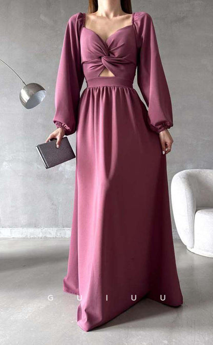 G3551 - Simple & Casual A-Line Sweetheart Long Bishop Sleeves Cut Outs Floor-Length Formal Dress