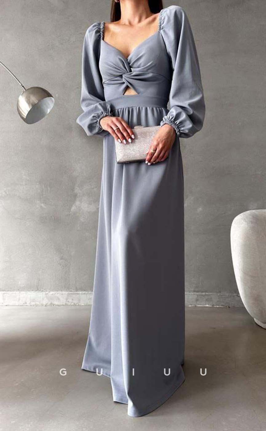 G3551 - Simple & Casual A-Line Sweetheart Long Bishop Sleeves Cut Outs Floor-Length Formal Dress