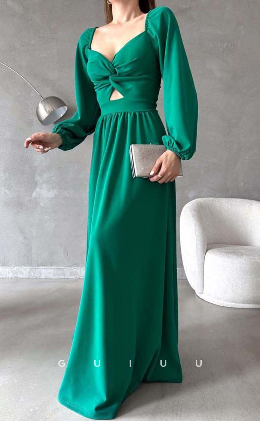 G3551 - Simple & Casual A-Line Sweetheart Long Bishop Sleeves Cut Outs Floor-Length Formal Dress