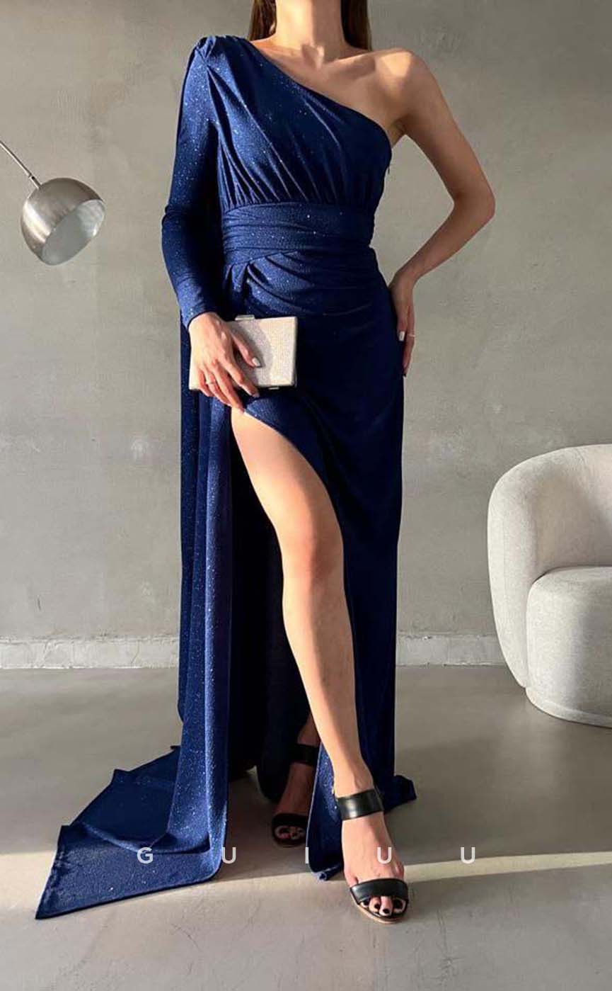 G3553 - Simple & Casual Sheath One Shoulder Long Sleeves High Side Slit Floor-Length Formal Dress With Overlay