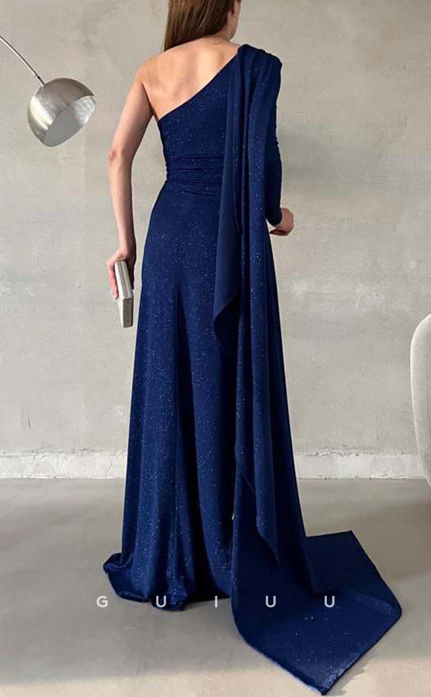 G3553 - Simple & Casual Sheath One Shoulder Long Sleeves High Side Slit Floor-Length Formal Dress With Overlay