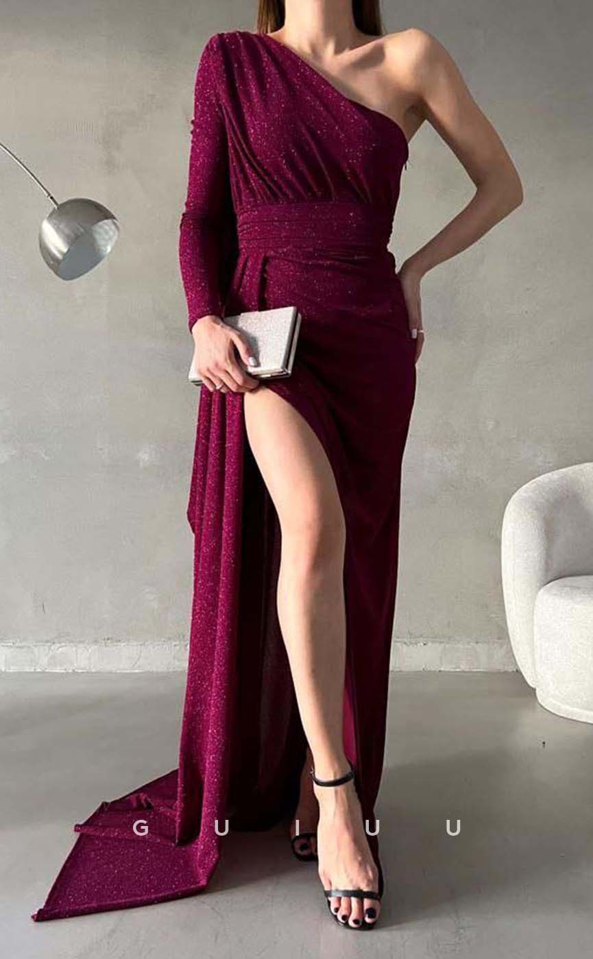 G3553 - Simple & Casual Sheath One Shoulder Long Sleeves High Side Slit Floor-Length Formal Dress With Overlay