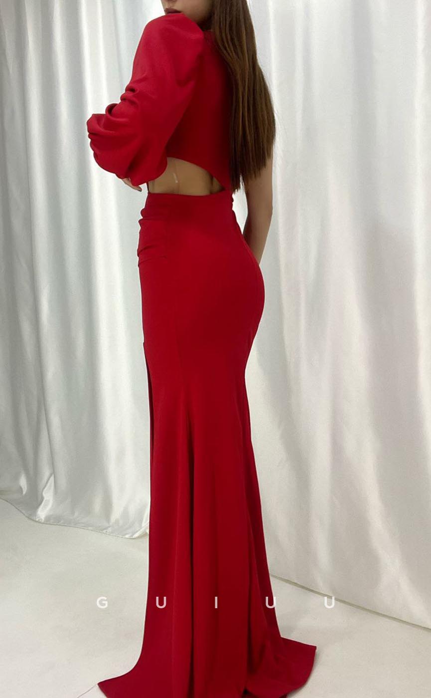 G3556 - Classic & Timeless Sheath One Shoulder Long Bishop Sleeves Cut Outs High Side Slit Floor-Length Formal Dress