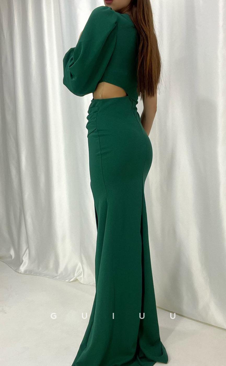 G3556 - Classic & Timeless Sheath One Shoulder Long Bishop Sleeves Cut Outs High Side Slit Floor-Length Formal Dress