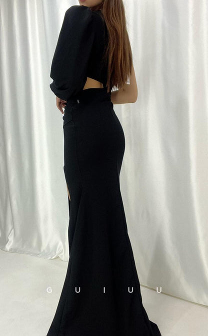 G3556 - Classic & Timeless Sheath One Shoulder Long Bishop Sleeves Cut Outs High Side Slit Floor-Length Formal Dress