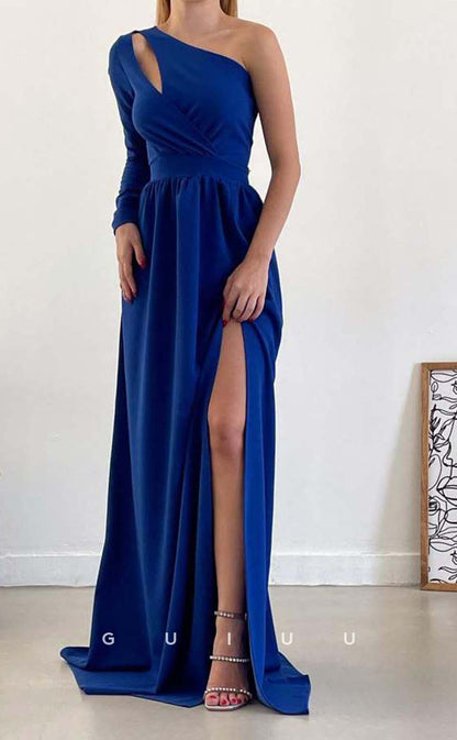 G3560 - Simple & Casual A-Line One Shoulder Long Sleeves Cut Outs Draped High Side Slit Floor-Length Formal Dress